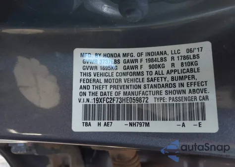 2017 Honda Civic Ex from USA, damaged, VIN 19XFC2F73HE059872